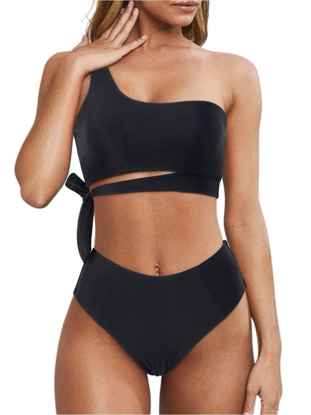 One-Shoulder Black Tie-Side High-Waist Bikini - Women Swim